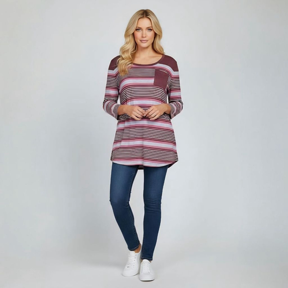 Isaac Mizrahi Live! Small Striped Burgundy Pink 3/4 Sleeve Shirt - Picture 1 of 7